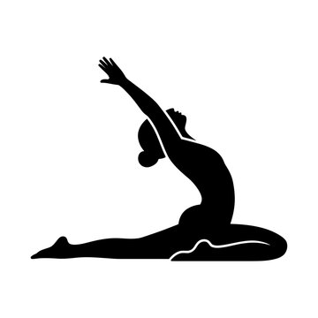 yoga silhouette of a person stretching in a graceful backbend pose with relaxed posture in black and white