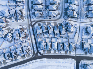 Aerial view of a Calgary residential area on a freeezing winter day.
