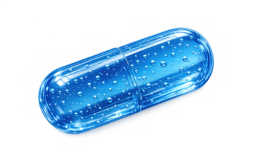 Blue translucent gel capsule with water drops and bubbles, representing health, medicine, and hydrating nutrients