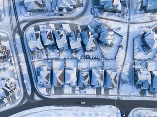 Aerial view of a Calgary residential area on a freeezing winter day.