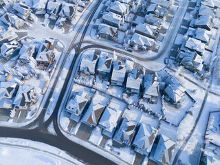 Aerial view of a Calgary residential area on a freeezing winter day.