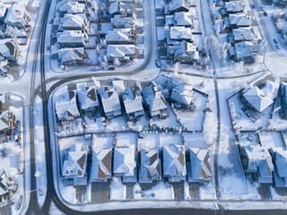 Aerial view of a Calgary residential area on a freeezing winter day.