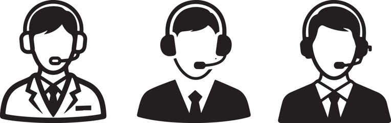 Customer service support agent silhouettes with headsets icons set
