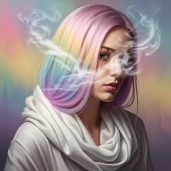 Artistic portrait where hair becomes translucent fabric and mist, tactile visual sensation, pastel colors, emotional storytelling, modern surrealism