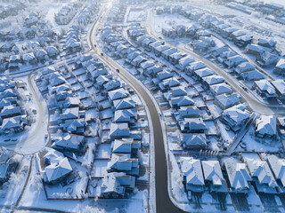 Aerial view of a Calgary residential area on a freeezing winter day.