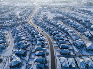 Aerial view of a Calgary residential area on a freeezing winter day.