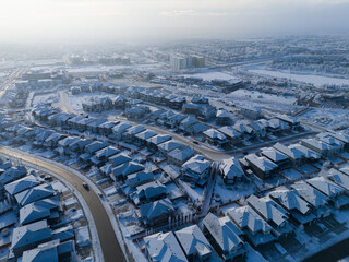 Aerial view of a Calgary residential area on a freeezing winter day.