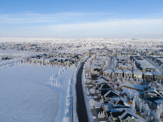Aerial view of a Calgary residential area on a freeezing winter day.