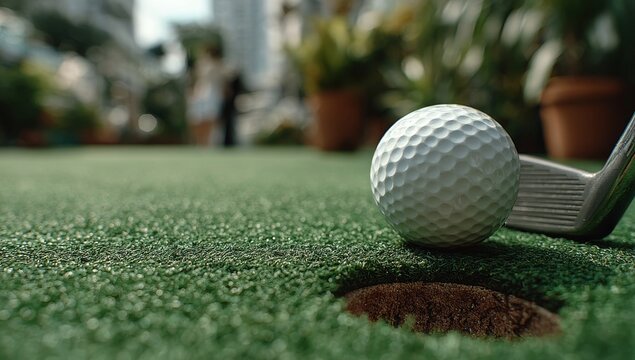 The image shows a white golf ball resting on bright green synthetic turf, while a formally dressed individual in brown shoes holds a putter, prepared to swing, depicting an indoor golf pastime that