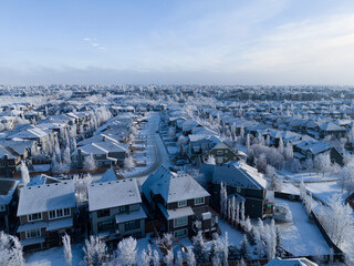 Aerial view of a Calgary residential area on a freeezing winter day.