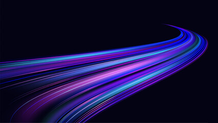 Dynamic glowing neon light streaks curving through dark space, representing high-speed fiber optic internet, big data transfer, and futuristic digital connectivity.