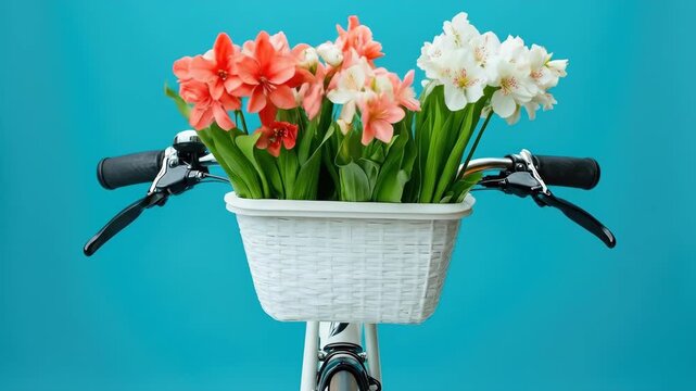 Bicycle with a white front basket overflowing with orange, peach, and white flowers, conveying a springtime or healthy lifestyle concept.