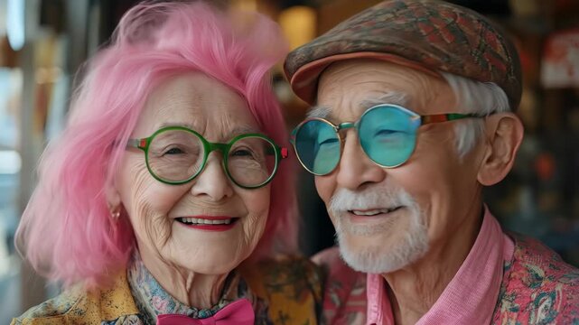 Happy senior woman and man laughing and embracing, celebrating their long lasting relationship and joyful old age
