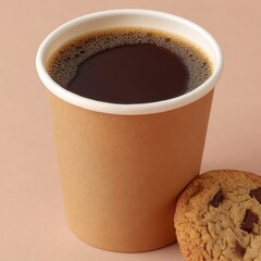 Warm coffee and cookie on a simple table at midday