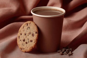 Cup of hot drink with cookie on a soft surface at a cafe