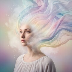 Artistic portrait where hair becomes translucent fabric and mist, tactile visual sensation, pastel colors, emotional storytelling, modern surrealism