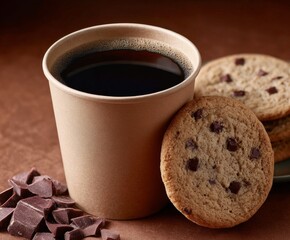 Coffee served with chocolate chip cookies and chocolate pieces