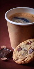 Coffee and cookie served together on a brown table