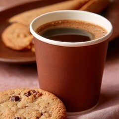 Cup of coffee next to chocolate chip cookies on a table