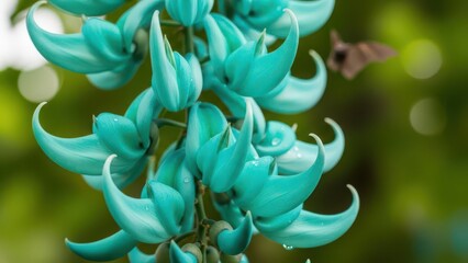 Captivating close-up of vibrant turquoise jade vine flowers with water droplets in a tropical garden