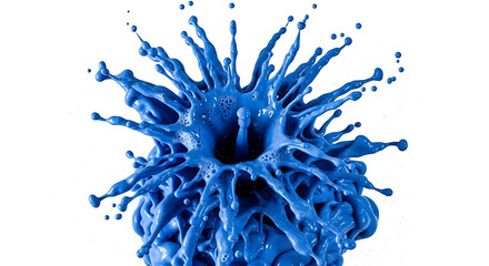 A vibrant splash of blue paint erupts in midair, forming a dynamic and captivating crownlike shape, isolated on white background, showcasing the fluidity and energy of the liquid in motion