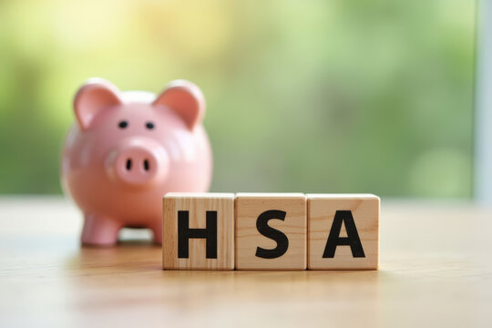Financial Planning and Health Savings Accounts: Wooden Blocks Spell Out HSA Next to Piggy Bank on Table