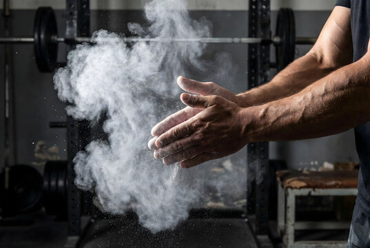 Hands chalking up with white magnesium powder, dust cloud, lifting preparation, dark gym background 