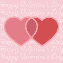 Two interlocking pink and red hearts with Happy Valentine's Day text pattern background vector illustration