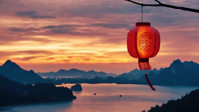 Red chinese paper lantern hanging from tree branch with mountain lake landscape at orange sunset, tranquil asian travel scene