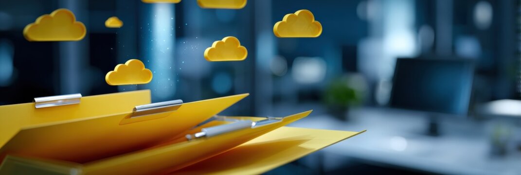 Digital cloud storage concept with floating yellow folders in office environment