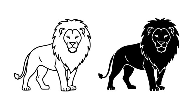 Black and white line art illustration of two lions standing side by side in outline and solid fill styles with mane