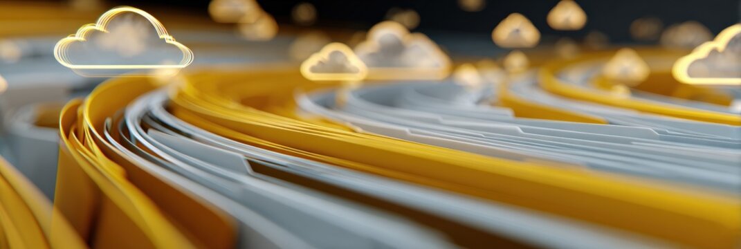 Abstract cloud technology with yellow and white wavy lines