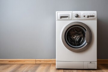 Front view of a modern white washing machine against a gray wall.