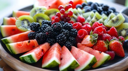 Colorful fruit platter showcasing a vibrant assortment of fresh watermelon, berries, and kiwi.