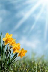 Obraz premium Vibrant yellow daffodils blooming under clear sky in sunny spring
