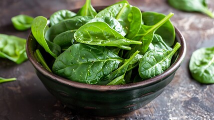 Fresh green spinach leaves are beautifully arranged in a dark rustic bowl, ready for a healthy meal.