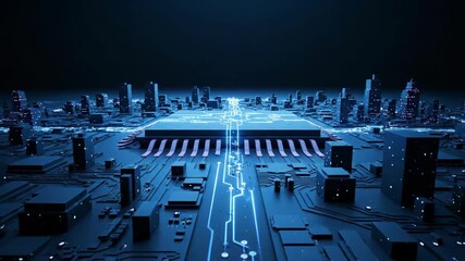 Abstract visualization of data transfer across a glowing blue microchip processor styled as a futuristic digital cityscape - Powered by Adobe
