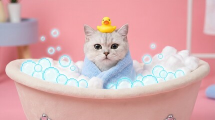 Grey cat wrapped in blue towel sitting in pink bathtub with rubber duck on head