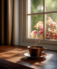 Obraz premium Hot coffee resting on a windowsill with flowers outside
