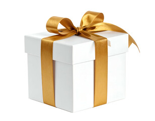 Obraz premium White box with elegant gold ribbon, tied in a festive bow