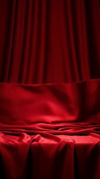 Red Silk Drapery Background - A textured, full-frame close-up of a deep red silk fabric. The material is draped in folds and curves, with a play of light and shadow creating depth and visual interest.