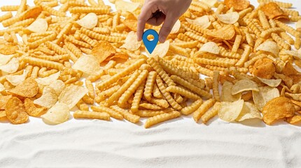 Hand placing blue location pin on pile of french fries and chips on white sand