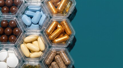 Medicine and dietary supplements arranged in plastic honeycomb containers