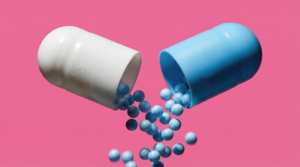 Medical pill split in half with blue beads falling out on pink surface