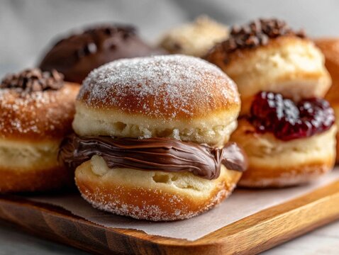 Brioche Douch filled with chocolate and jam on a wooden board