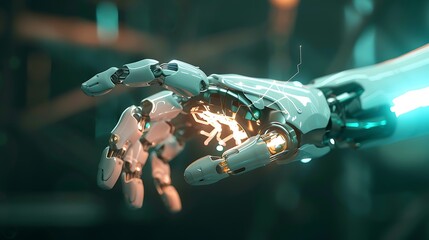 Robotic hand with intricate glowing internal mechanisms represents advanced bionic prosthetics.