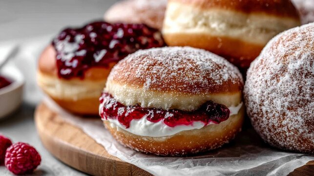 Enjoying brioche douch with jam and cream on a wooden board