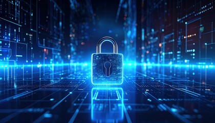 Digital Security Lock Icon on Futuristic Blue Circuit Board Background.
