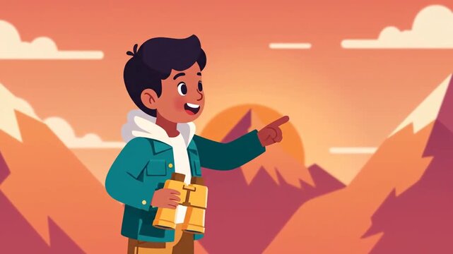 Boy Exploring Mountain Landscape With Binoculars And Telescope Cartoon Animation
