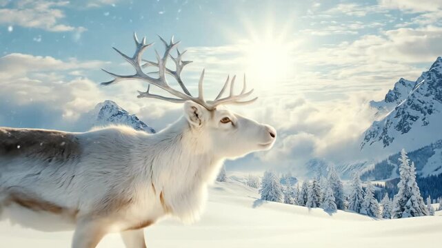White reindeer with majestic antlers standing and walking in a snowy mountain landscape under a bright winter sun. Winter wonderland concept.